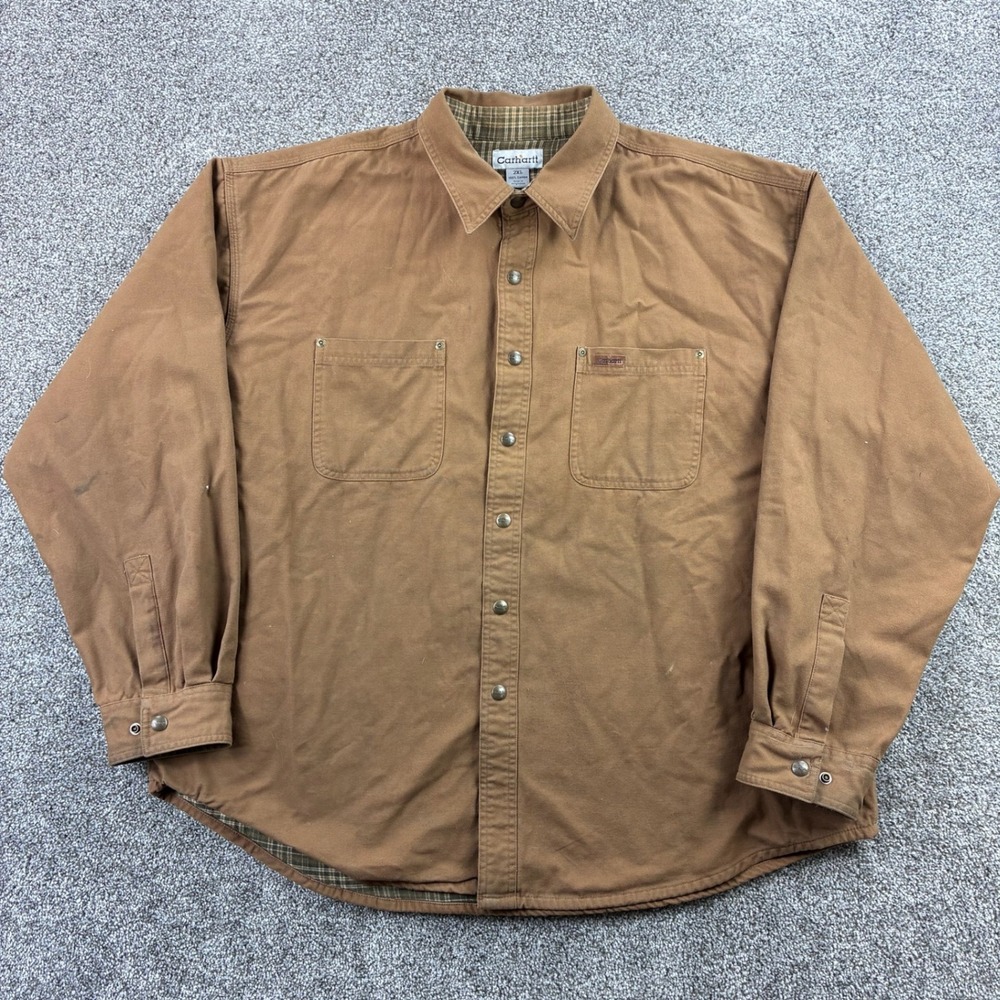 Carhartt Flannel Blanket Lined Shirt Jacket Mens 2XL Brown Snap Ripstop Shacket